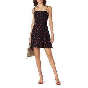 HVN Nora Black Red Cherry Print 100% Silk Bias Mini Dress Women's Size 6